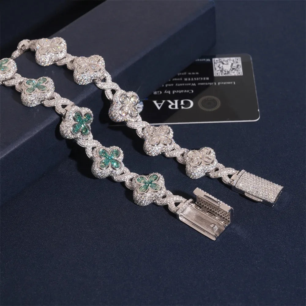 18mm 925 Silver Moissanite Four Leaf Clover Cuban Bracelet