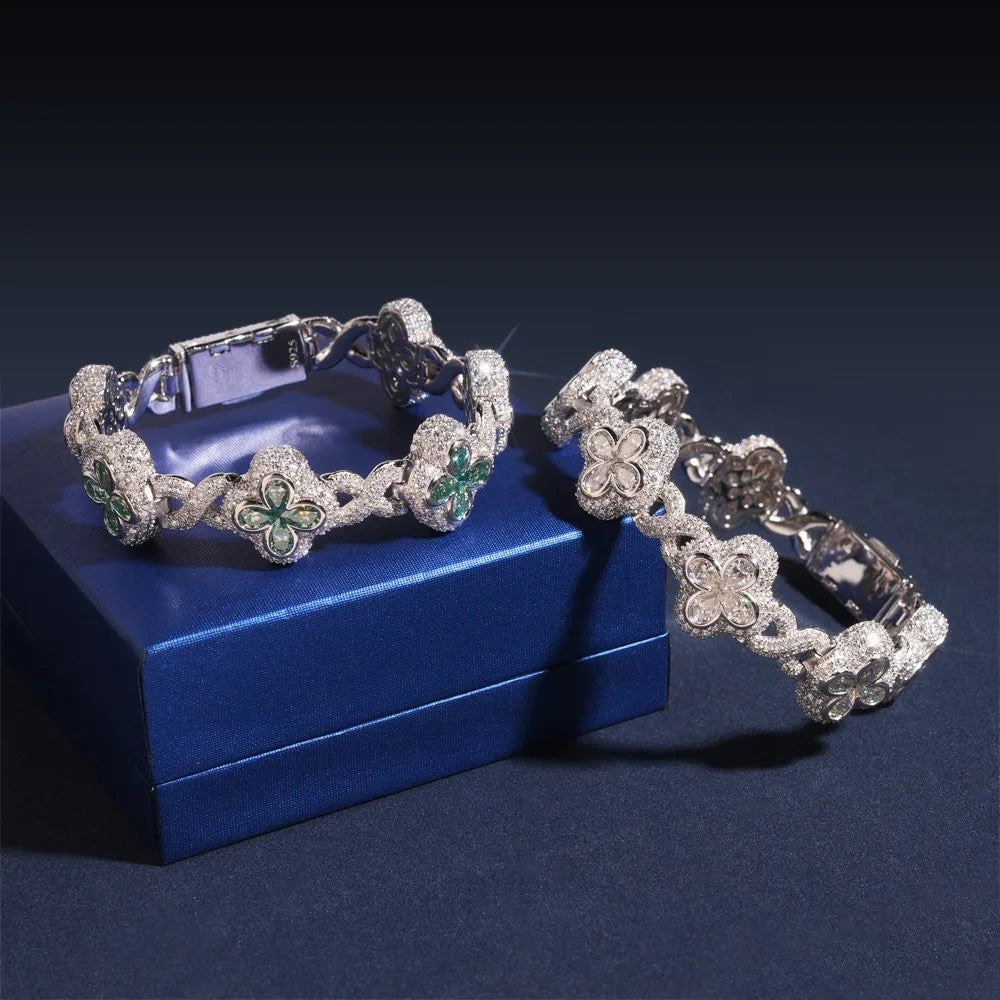 18mm 925 Silver Moissanite Four Leaf Clover Cuban Bracelet