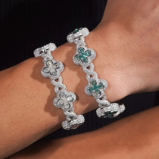 18mm 925 Silver Moissanite Four Leaf Clover Cuban Bracelet