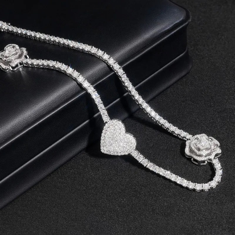 3mm 925 Silver Moissanite Rose/Flower Tennis Necklace