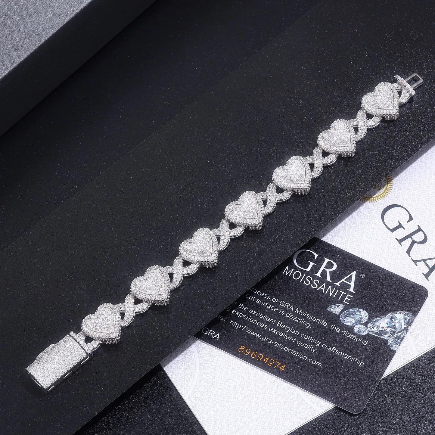 14mm 925 Silver Moissanite Heart Link Bracelet