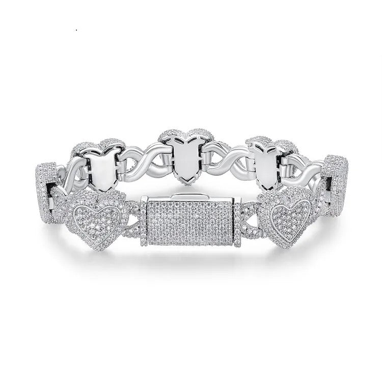 14mm 925 Silver Moissanite Heart Link Bracelet
