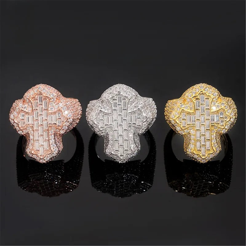 925 Silver Moissanite Baguette Cross Ring
