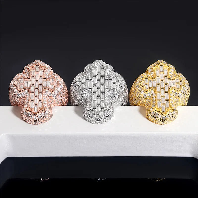 925 Silver Moissanite Baguette Cross Ring