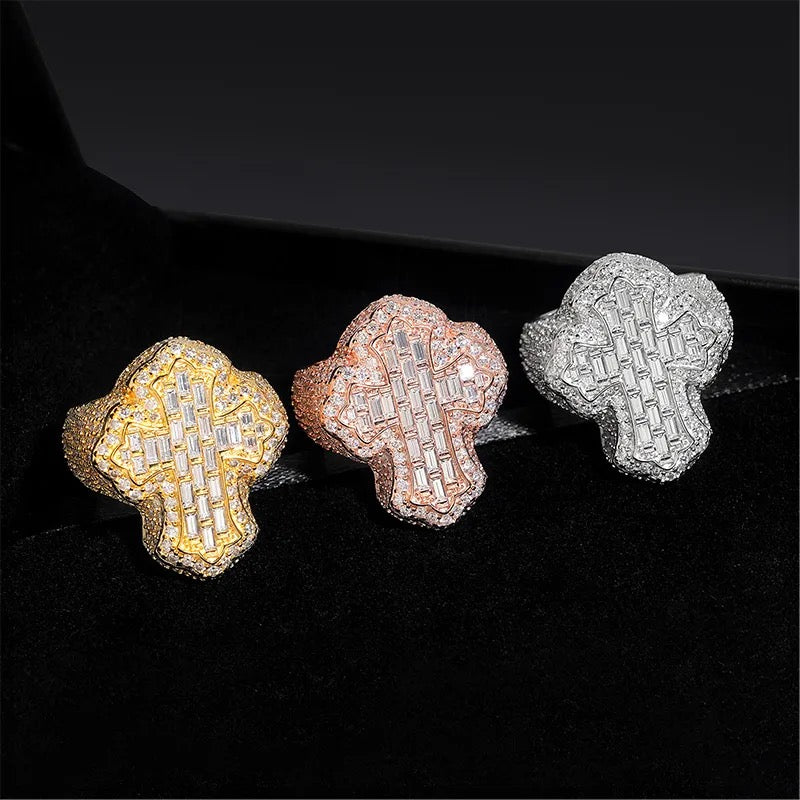 925 Silver Moissanite Baguette Cross Ring